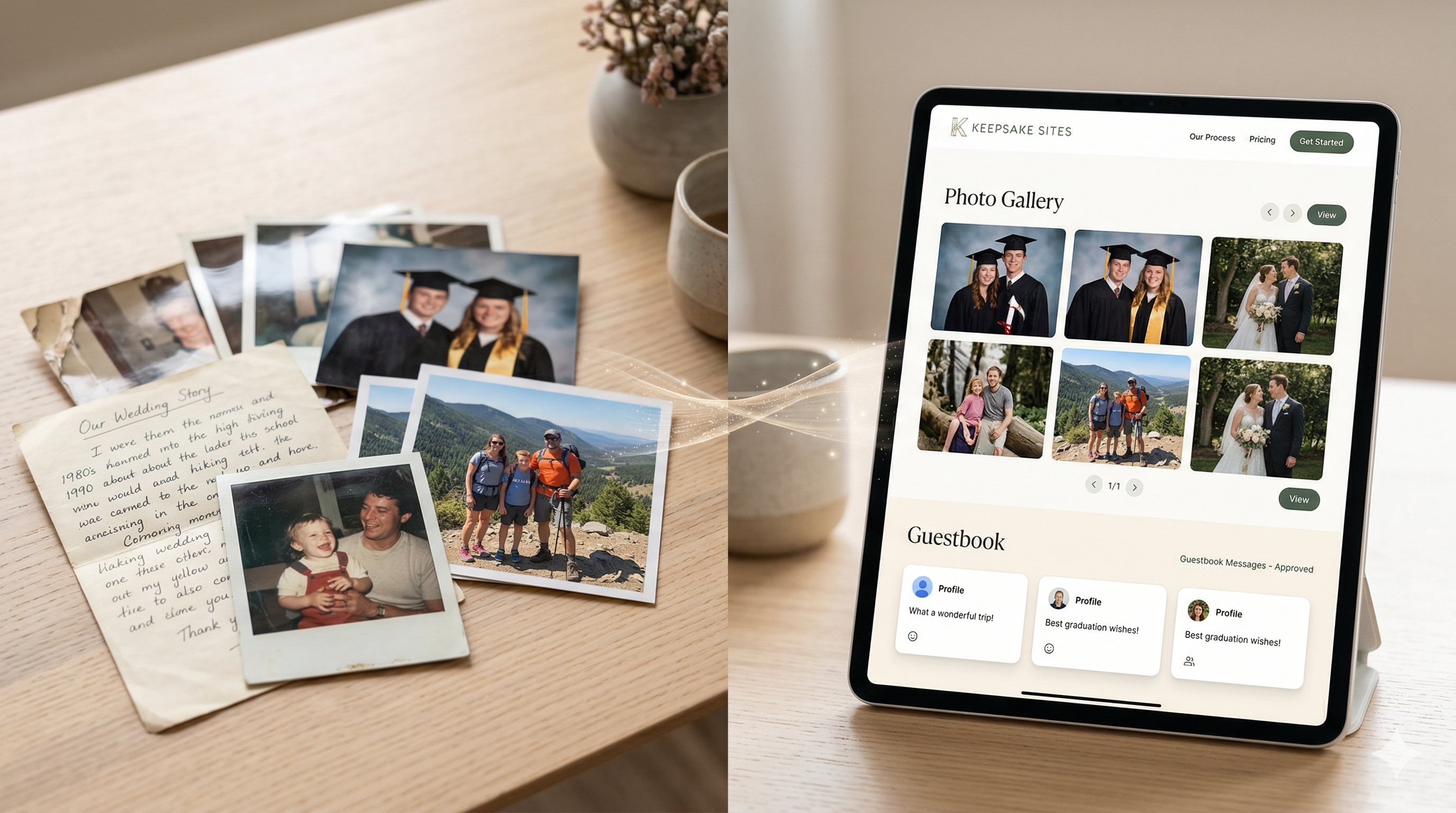 Photos on a table transformed into a beautiful celebration website on a tablet